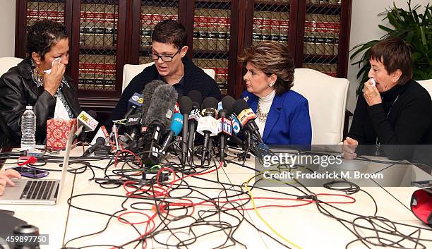 Attorney Gloria Allred speaks during a press conference with alleged victims of Bill Cosby; Chelan, Beth Ferrie and Helen Hayes, on December 3, 2014...