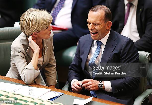Prime Minister Tony Abbott and Minister for Foreign Affairs Julie Bishop during House of Representatives question time at Parliament House on...
