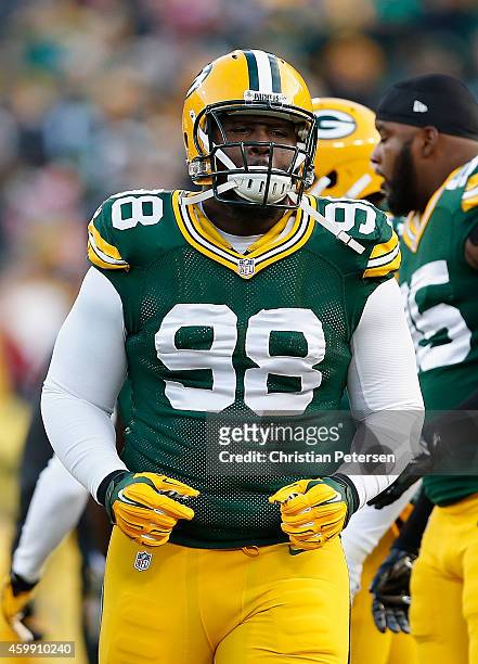 Nose tackle Letroy Guion of the Green Bay Packers before the NFL game against the New England Patriots at Lambeau Field on November 30, 2014 in Green...