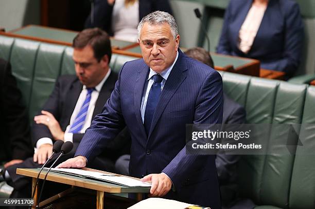 Treasurer Joe Hockey makes a Ministerial Statement in the House of Representatives at Parliament House on December 4, 2014 in Canberra, Australia....