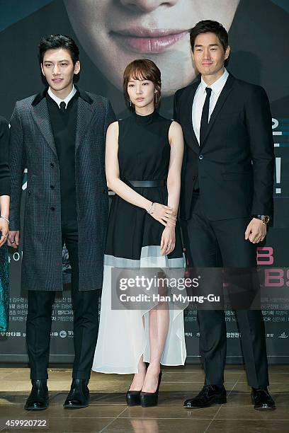 South Korean actors Ji Chang-Wook, Park Min-Young and Yoo Ji-Tae attend the press conference of KBS Drama "Healer" at the Raum on December 4, 2014 in...