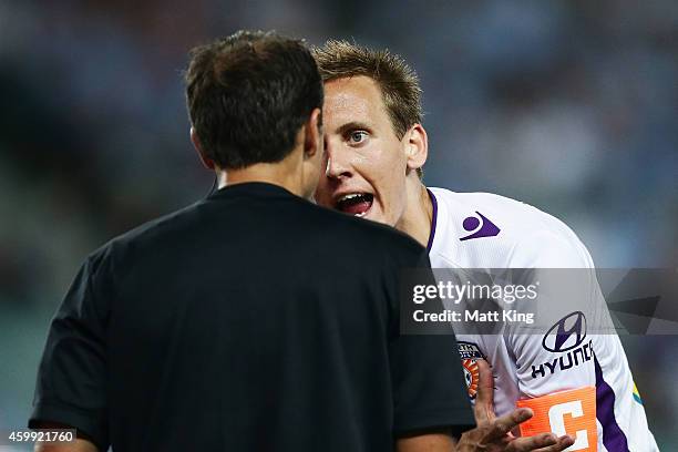 Michael Thwaite of Perth Glory argues with the referee after a penalty was given whick led to the first goal during the round 10 A-League match...