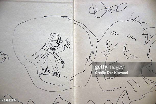 An annotated page from Roal Dahl's 'The BFG' by Quentin Blake is displayed at Sotheby's auction House on December 4, 2014 in London, England. A...