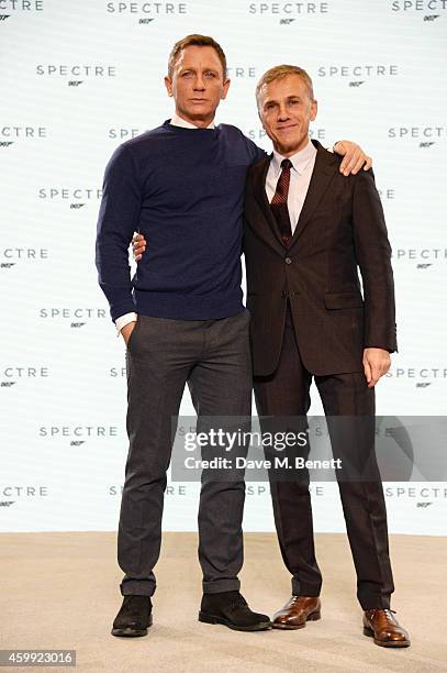 Daniel Craig and Christoph Waltz attend a photocall with cast and filmmakers to mark the start of production which is due to commence on the 24th...