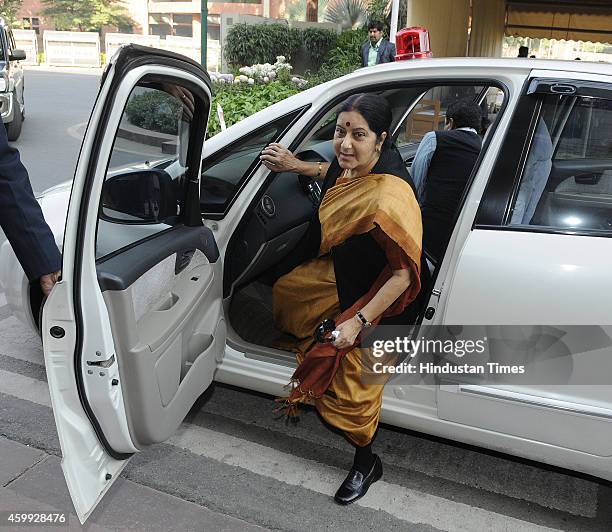 External Affairs Minister Sushma Swaraj arrives at Parliament House to attend Parliament Winter Session on December 4, 2014 in New Delhi, India....