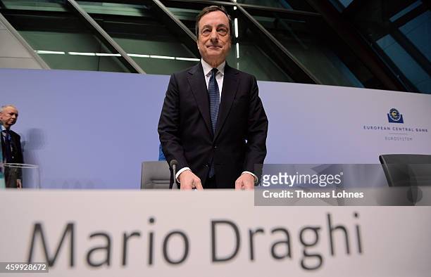 Mario Draghi, President of the European Central Bank holds his first press conference following the monthly ECB board meeting in the new ECB...