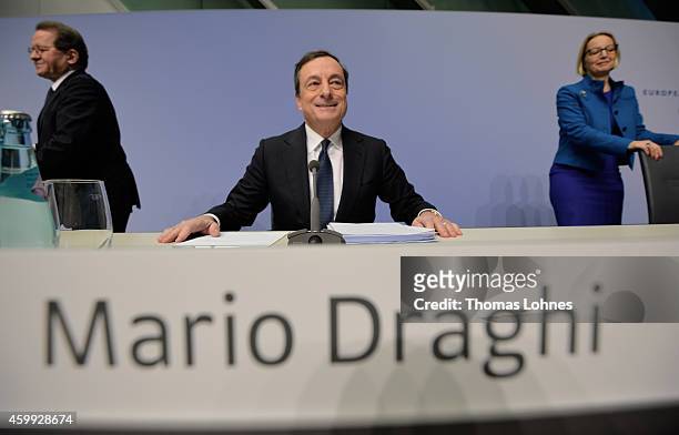 Mario Draghi, President of the European Central Bank, vice president Vitor Constancio and Christine Graeff holds today his first press conference...