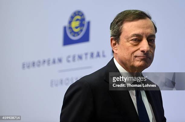 Mario Draghi, President of the European Central Bank arrives for his first press conference following the monthly ECB board meeting in the new ECB...