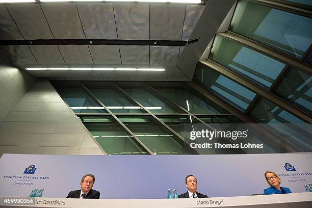 Mario Draghi , President of the European Central Bank, vicepresident Vitor Constancio and Christine Graeff hold the first press conference following...