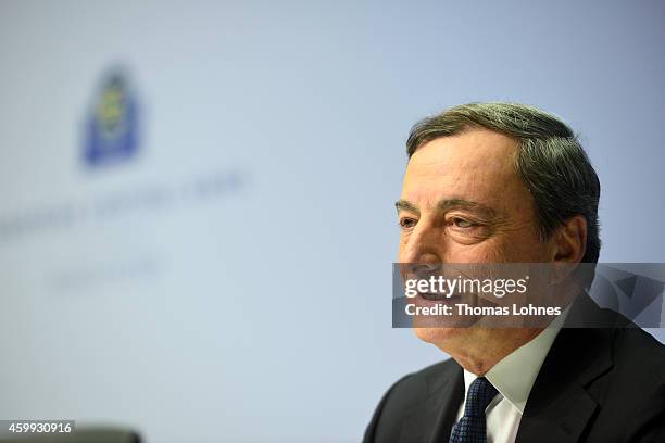 Mario Draghi, President of the European Central Bank pictured during his first press conference following the monthly ECB board meeting in the new...