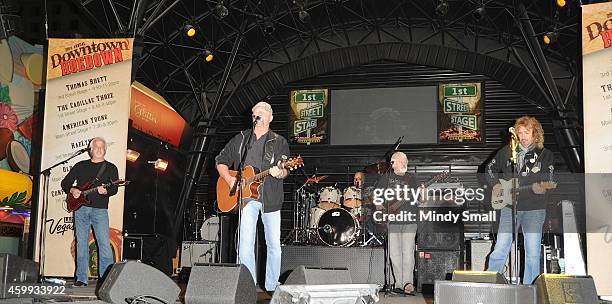 Rusty Hendrix, Danny Shirley, Mark Dufresne, Wayne Secrest and Bobby Randall of Confederate Railroad perform at the Fremont Street Experience during...