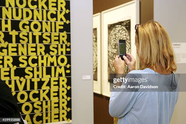 Attendees view art at the Two Palms gallery during the Art Basel Miami Beach 2014 - VIP Preview at the Miami Beach Convention Center on December 3,...