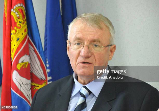 War crimes suspect and nationalist Serbian Radical Party leader Vojislav Seselj holds a press conference at the Serbian Radical Party headquarters in...