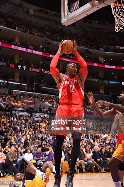 Los Angeles, CADwight Howard of the Houston Rockets grabs a rebound against the Los Angeles Lakers on October 28, 2014 at the Staples Center in Los...