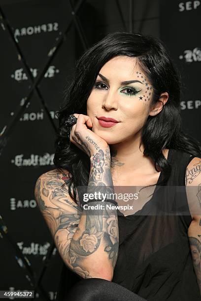 American tattoo artist and television personality Kat Von D poses during a photo shoot at Westfield Sydney on December 3, 2014 in Sydney, Australia.