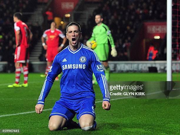 Chelsea's Spanish striker Fernando Torres celebrates scoring the opening goal of the English Premier League football match between Southampton and...