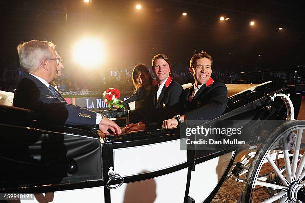 Riders Simon Delestre, Kevin Staut and Penelope Leprevost attend 'La Nuit des Masters' Gala as part of the Gucci Paris Masters 2014 on December 4,...