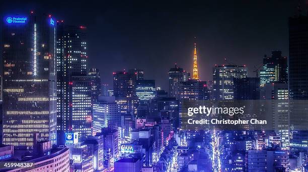 futuristic / cyber-punk rendition of tokyo skyline - japan skyline stock pictures, royalty-free photos & images