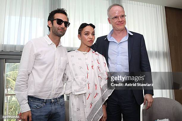 Alex Israel, FKA Twigs and Hans Ulrich Obrist attend a Surface Magazine Event With Hans Ulrich Obrist And FKA Twigs at Edition Hotel on December 4,...