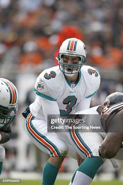 Joey Harrington of the Miami Dolphins at the line of scrimmage during a game against the Chicago Bears on November 5, 2006 at Soldier Field in...