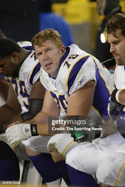 Matt Birk of the Minnesota Vikings resting on the bench during a game against the Green Bay Packers on December 21, 2006 at Lambeau Field in Green...