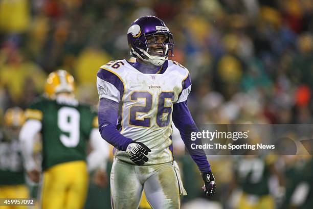 Antoine Winfield of the Minnesota Vikings looks on smiling during a game against the Green Bay Packers on December 21, 2006 at Lambeau Field in Green...