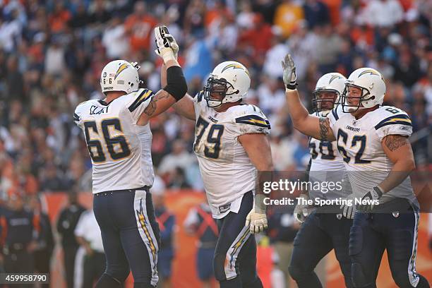 Jeremy Newberry and Jeromey Clary of the San Diego Chargers celebrate during a game against the Denver Broncos on September 14, 2008 at Invesco Field...