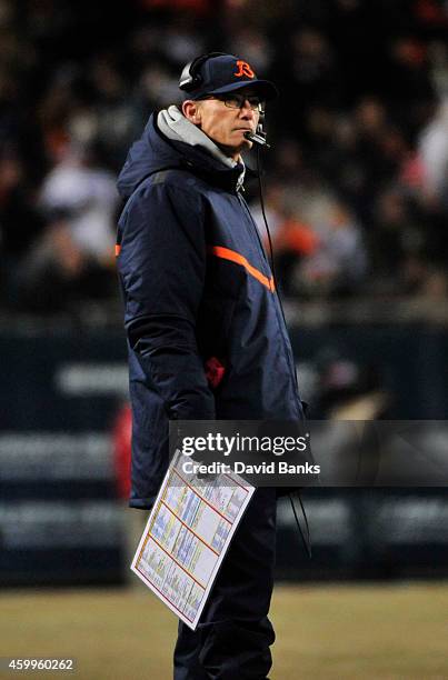 Head coach Marc Trestman during the second quarter in a game against the Dallas Cowboys of the Chicago Bearson December 4, 2014 at Soldier Field in...