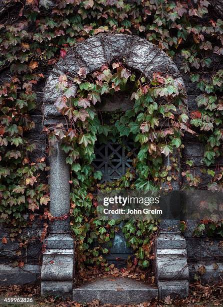 Burial vault with ivy.