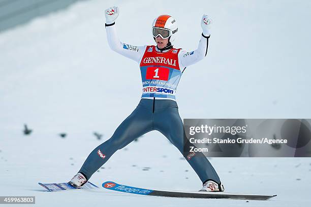 Thomas Diethart of Austria takes 1st place during the FIS Ski Jumping World Cup Vierschanzentournee on January 01, 2014 in Garmisch-Partenkirchen,...