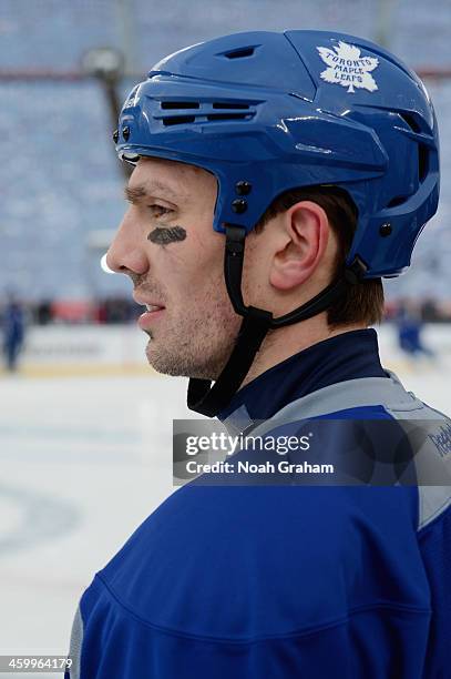 Frazer McLaren of the Toronto Maple Leafs looks on during the 2014 Bridgestone NHL Winter Classic team practice session on December 31, 2013 at...