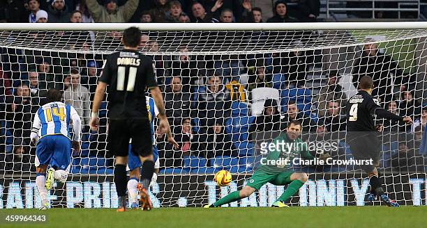 Lewis Grabban of Bournemouth scores the first goal of the game from the penalty spot during the Sky Bet Championship match between Brighton & Hove...