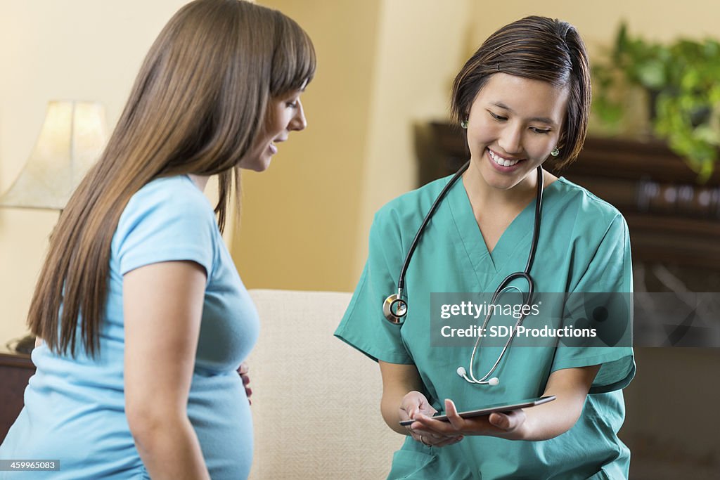 Schwangere Patienten in der Beratung mit Arzt oder Hebamme wie zu Hause fühlen.