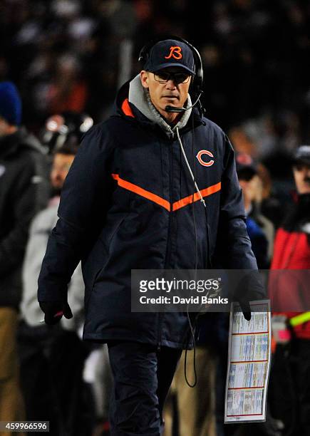 Head coach Marc Trestman of the Chicago Bears during the fourth quarter of a game against the Dallas Cowboys on December 4, 2014 at Soldier Field in...