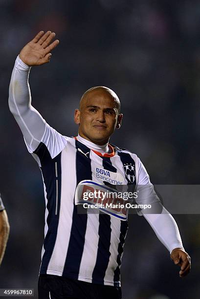 Humberto 'Chupete' Suazo of Monterrey cries at the end of a semifinal first leg match between Monterrey and America as part of the Apertura 2014 Liga...