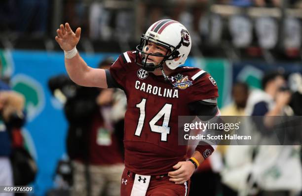 Connor Shaw of the South Carolina Gamecocks celebrates after catching a 9 yard touchdown pass during the first half of their game against the...