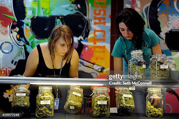 Brittany Zewe, left, and Jess Vanderpool take jars of different strains of marijuana off the counter between customers at Denver Kush Club in Denver,...