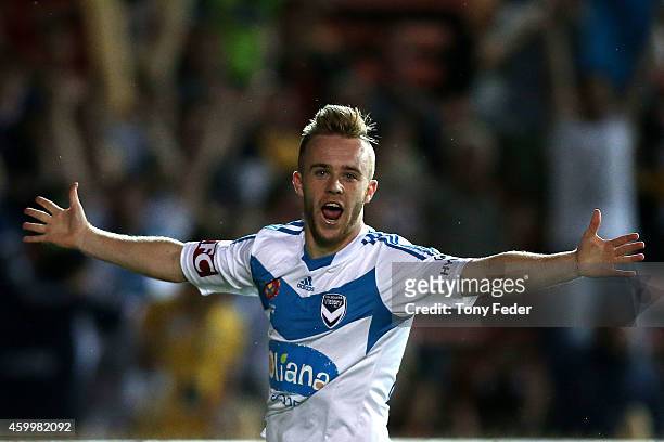Connor Pain of the Victory celebrates a goal during the round 10 A-League match between the Central Coast and the Melbourne Victory at North Sydney...