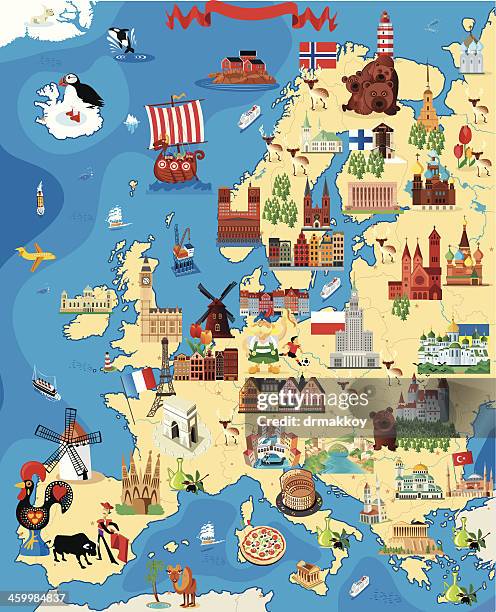 stockillustraties, clipart, cartoons en iconen met europe cartoon map - emmanuelle beart decorated at french ministry of culture