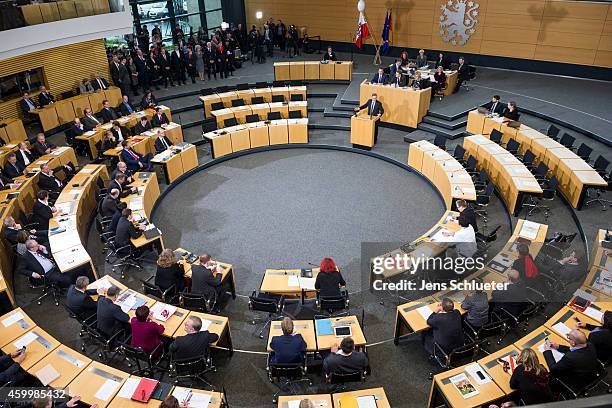 Bodo Ramelow, the new governor of Thuringia, speaks to the members of the Thuringian state parliament on December 5, 2014 in Erfurt, Germany....