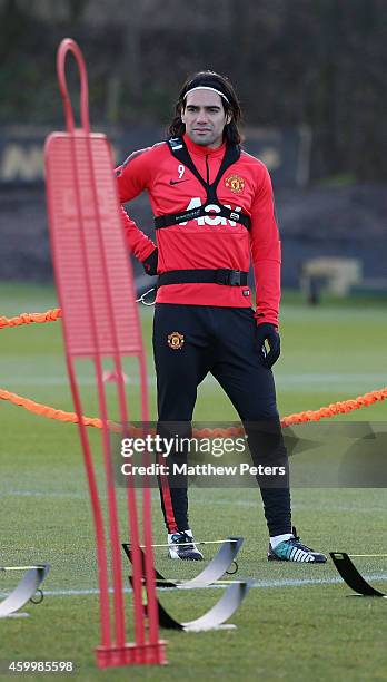 Radamel Falcao of Manchester United in action during a first team training session at Aon Training Complex on December 5, 2014 in Manchester, England.