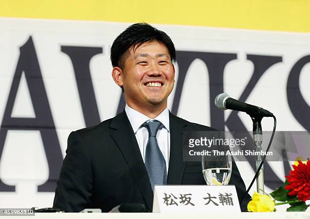 Daisuke Matsuzaka of the Fukuoka SoftBank Hawks speaks during a press conference on December 5, 2014 in Fukuoka, Japan.