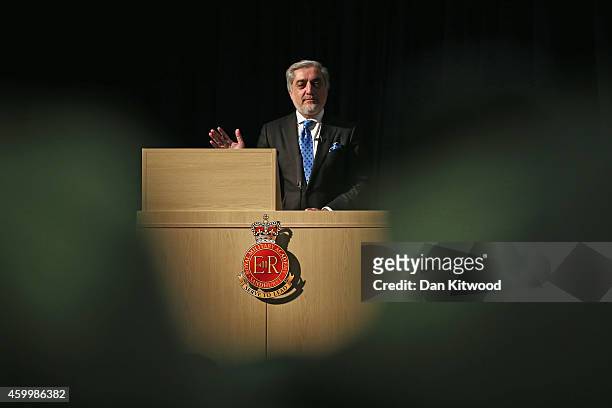 Abdullah Abdullah, Chief Executive Officer of Afghanistan speaks to miliatary cadets at the Royal Military Academy Sandhurst on December 5, 2014 in...