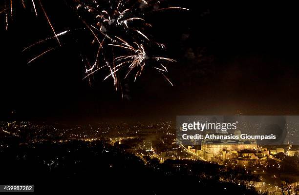 Panoramic view of Budapest with fireworks at New Years Day from the Gellert Hill on Decemper 31, 2011 in Budapest, Hungary.