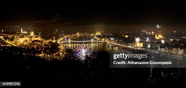 Panoramic view of Budapest with fireworks at New Years Day from the Gellert Hill on Decemper 31, 2011 in Budapest, Hungary.