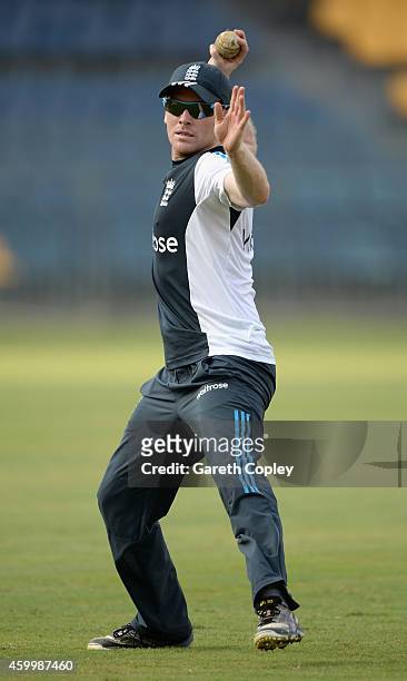 Eoin Morgan of England takes part in a fielding drill during a nets session at R. Premadasa Stadium on December 5, 2014 in Colombo, Sri Lanka.