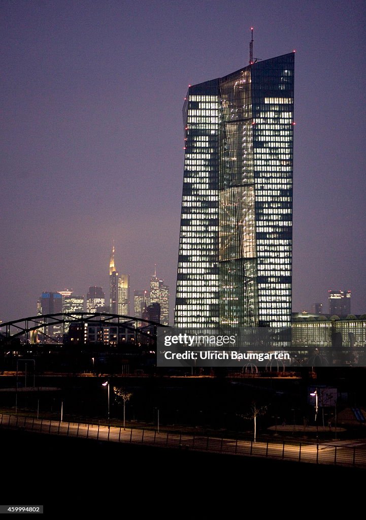 Exterior View European Central Bank (ECB) In Frankfurt. Blue Hour.