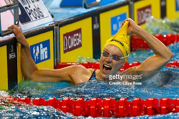 Sarah Sjostrom of Sweden celebrates winning the Women's 50m Butterfly Final on day three of the 12th FINA World Swimming Championships at the Hamad...
