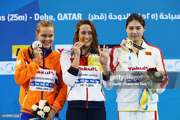 Sharon Van Rouwendaal of the Netherlands, Mireya Garcia Belmonte of Spain and Yufei Zhang of China celebrates on the podium after the Women's 400m...