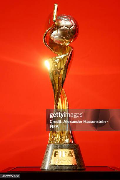 The FIFA Woman`s World Cup Trophy is displayed during the official Pre-Draw press conference at The Westin Hotel on December 5, 2014 in Ottawa,...